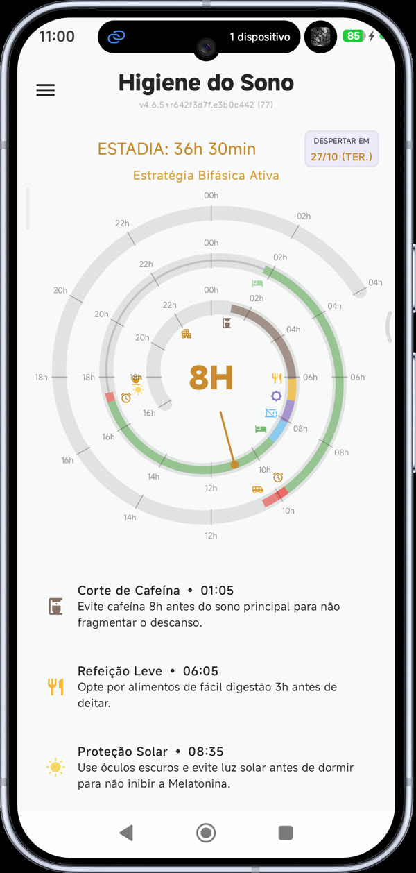 Relógio de Arquimedes — higiene do sono com estratégia bifásica