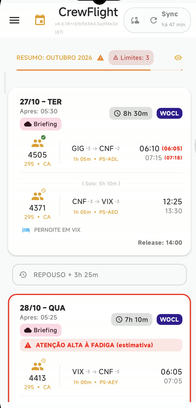 CrewFlight — escala em uso: WOCL, selo de limites e atenção à fadiga